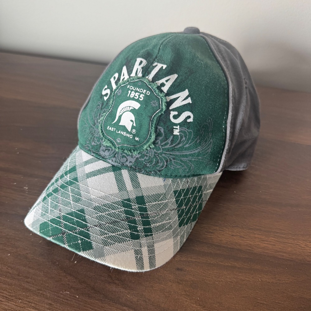 Michigan State Spartans Signatures Hat Green Grey Plaid Adjustable Baseball Cap